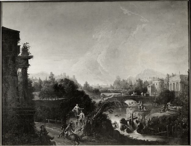Anonimo — Cimaroli Giovanni Battista - sec. XVIII - Paesaggio con figure sulla riva del fiume — insieme